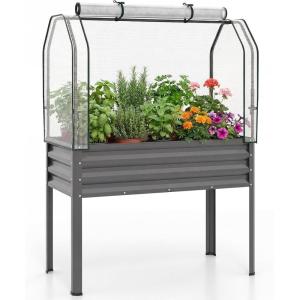 imageGiantex Raised Garden Bed with Legs amp Greenhouse Cover 44x22x60 Elevated Metal Planter Box with Rollup Door Outdoor Mini Greenhouse for Vegetable Flower Herb Patio Balcony Black2Gray
