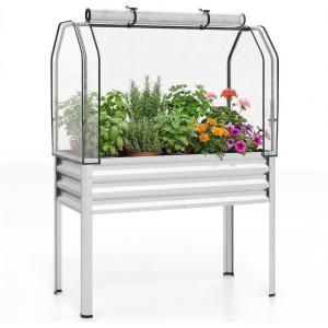 imageGiantex Raised Garden Bed with Legs amp Greenhouse Cover 44x22x60 Elevated Metal Planter Box with Rollup Door Outdoor Mini Greenhouse for Vegetable Flower Herb Patio Balcony Black2Silver