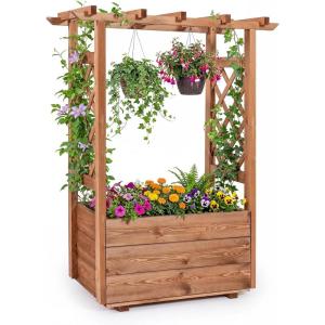 imageGiantex Raised Garden Bed with Sided Trellis amp Roof Set 2 31x16x41 Wood Elevated Planter Box Freestanding Garden Planter Raised Bed for Flowers Herbs Climbing VinesBrownBrown