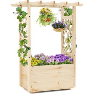 imageGiantex Raised Garden Bed with Sided Trellis amp Roof Set 2 31x16x41 Wood Elevated Planter Box Freestanding Garden Planter Raised Bed for Flowers Herbs Climbing VinesBrownNatural