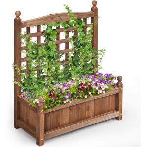 imageGiantex Raised Garden Bed with Trellis 39x14x40 Wood Elevated Planter Box wDrainage Hole for Climbing Vine Flower Herb Vegetable Fruit Planting Container for Indoor Outdoor Patio BalconyBrown