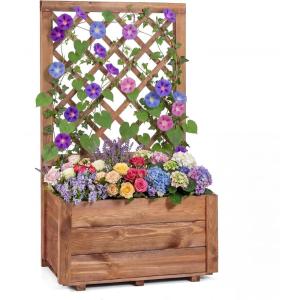 imageGiantex Raised Garden Bed with Trellis 39x14x40 Wood Elevated Planter Box wDrainage Hole for Climbing Vine Flower Herb Vegetable Fruit Planting Container for Indoor Outdoor Patio BalconyCoffee Brown