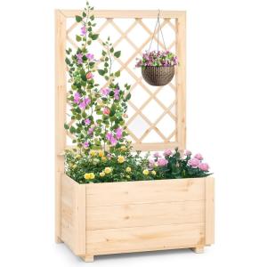 imageGiantex Raised Garden Bed with Trellis 39x14x40 Wood Elevated Planter Box wDrainage Hole for Climbing Vine Flower Herb Vegetable Fruit Planting Container for Indoor Outdoor Patio BalconyNatural