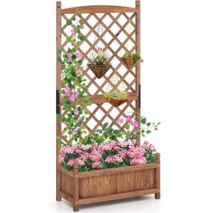 imageGiantex Raised Garden Bed with Trellis 72 Wooden Planter Box Outdoor wPrivacy Screen Roof Large Vertical Garden Planter wDrainage Holes for Climbing Plants Patio Balcony BackyardBrown