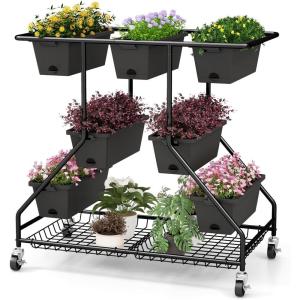 imageGiantex Rolling Raised Garden Bed w 7 Planter Boxes Storage Baskets Drainage Holes 4 Lockable Casters 3Tier Freestanding Elevated Planter for Strawberry Vegetable Flower Herb