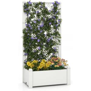imageGiantex Set of 2 Raised Garden Bed with Trellis 59 SelfWatering Planter Box with Water Level Indicator amp Removable Space Dividers High Trellis for Climbing Vine Plant Hanging Indoor Outdoor UseGreyish White