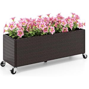 imageGiantex Wicker Raised Garden Bed with Wheels 38x12x14 Rectangular Garden Planter Box wPE Rattan Liner Fabric Wicker Patio Elevated Raised Bed for Vegetable Flower Herb Porch Balcony1