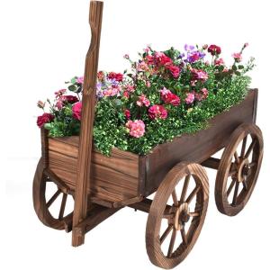 imageGiantex Wood Wagon Flower Planter Pot Stand WWheels Home Garden Outdoor DecorBrown