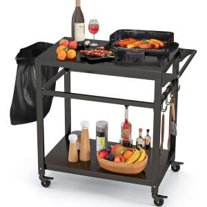 imageGiantex Outdoor Grill Cart  Pizza Oven Stand Table with Lockable Wheels DoubleShelf Outdoor Cooking Prep Table with Garbage Bag Holder Removable Hooks Movable Dining Cart for Kitchen BBQ PartyDoubleShelf