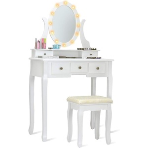 image:imageGiantex LED Vanity Set Dressing Table with Mirror Girls Lighted Vanity Mirror Table with 12 Rose Lights Large Storage for Bedroom Bathroom Vanity Desk White Makeup Vanities with Padded Stool