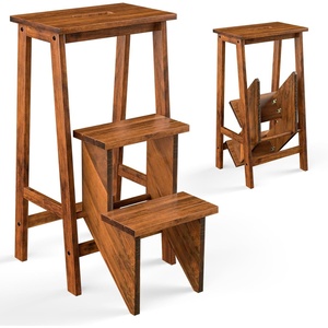image:imageGiantex 3 Step Ladder Lightweight 3in1 Multifunctional Step Ladder wAntiSlip Reversible Pedal Hollow Handle Design Used for Storage Shelf Sitting Chair Folding Pine Wood Step LaddersNutbrown