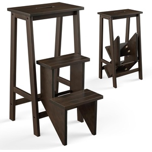 image:imageGiantex 3 Step Ladder Lightweight 3in1 Multifunctional Step Ladder wAntiSlip Reversible Pedal Hollow Handle Design Used for Storage Shelf Sitting Chair Folding Pine Wood Step LaddersBrown