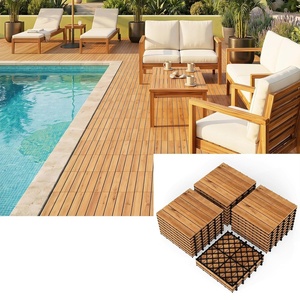image:imageGiantex 54 PCS Acacia Wood Deck Tiles 12 x 12 Interlocking Patio Flooring Tiles with Drainage Base 54 sqft Waterproof Outdoor Floor Tiles for Balcony Patio Porch Garden Golden Teak  CheckerGolden Teak  Straight
