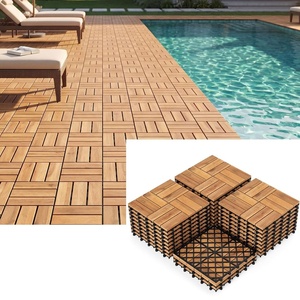 image:imageGiantex 54 PCS Acacia Wood Deck Tiles 12 x 12 Interlocking Patio Flooring Tiles with Drainage Base 54 sqft Waterproof Outdoor Floor Tiles for Balcony Patio Porch Garden Golden Teak  CheckerGolden Teak  Checker