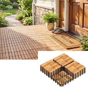 image:imageGiantex 54 PCS Acacia Wood Deck Tiles 12 x 12 Interlocking Patio Flooring Tiles with Drainage Base 54 sqft Waterproof Outdoor Floor Tiles for Balcony Patio Porch Garden Golden Teak  CheckerGolden Teak  Grid