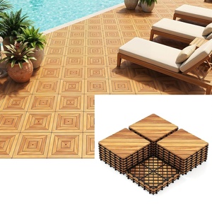 image:imageGiantex 54 PCS Acacia Wood Deck Tiles 12 x 12 Interlocking Patio Flooring Tiles with Drainage Base 54 sqft Waterproof Outdoor Floor Tiles for Balcony Patio Porch Garden Golden Teak  CheckerGolden Teak  Diagonal