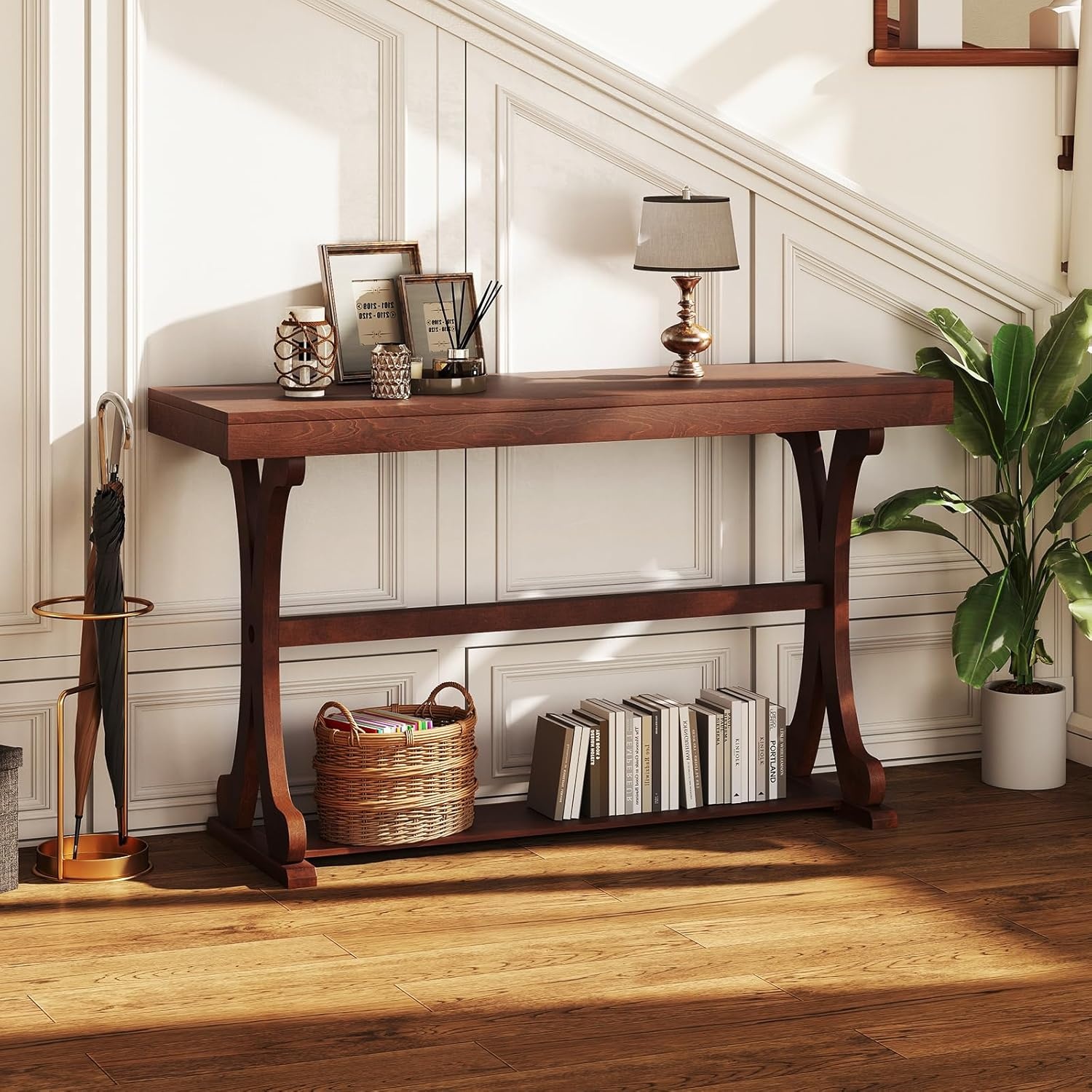 image:imageGiantex 52 Narrow Console Table Vintage Accent Entryway Table with Open Storage Shelf Long Wooden Behind Couch Sofa Table with Antitip Kit for Small Spaces Living Room Hallway BlackWalnut