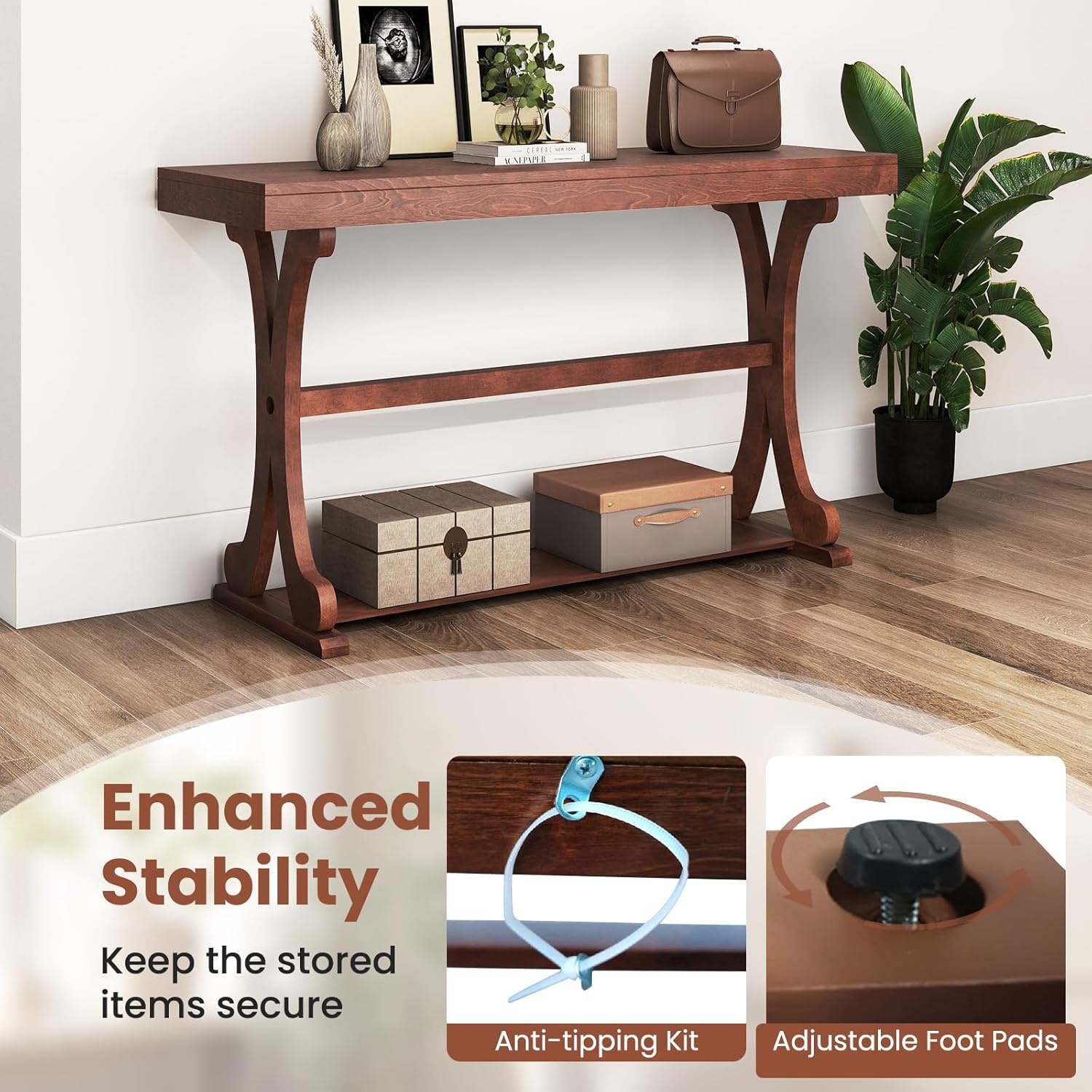 image:imageGiantex 52 Narrow Console Table Vintage Accent Entryway Table with Open Storage Shelf Long Wooden Behind Couch Sofa Table with Antitip Kit for Small Spaces Living Room Hallway BlackWalnut