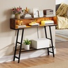 image:imageGiantex Console Table with Charging Station amp LED Lights 40 Entryway Table with Storage Shelves 3Tier Display Shelf for Small Space Sofa Table for Living Room BlackRustic Brown