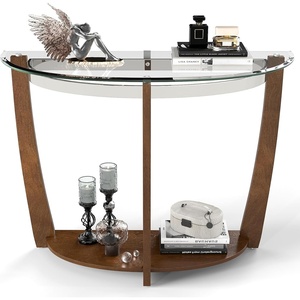 image:imageGiantex 2Tier Glass Console Table Half Moon Modern Entryway Table with Tempered Glass Top amp Open Storage Shelf Narrow Long Sofa Table for Living Room Hallway Foyer Entrance WalnutWalnut