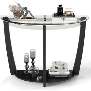 image:imageGiantex 2Tier Glass Console Table Half Moon Modern Entryway Table with Tempered Glass Top amp Open Storage Shelf Narrow Long Sofa Table for Living Room Hallway Foyer Entrance WalnutBlack