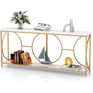 image:imageGiantex 71 Console Table 2Tier ExtraLong Gold Entryway Table wStorage Shelf Faux Marble Top Narrow Sofa Table with Geometric Frame Behind Couch Entry Table for Living Room Hallway FoyerStylish