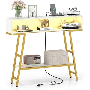 image:imageGiantex Console Table with Charging Station amp LED Lights 40 Entryway Table with Storage Shelves 3Tier Display Shelf for Small Space Sofa Table for Living Room BlackWhite  Gold