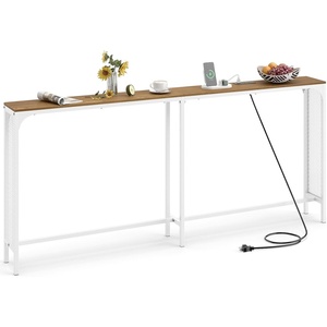 image:imageGiantex Console Table with Charging Station amp LED Lights 40 Entryway Table with Storage Shelves 3Tier Display Shelf for Small Space Sofa Table for Living Room BlackNatural  White