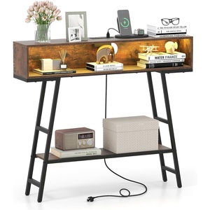 image:imageGiantex Console Table with Charging Station amp LED Lights 40 Entryway Table with Storage Shelves 3Tier Display Shelf for Small Space Sofa Table for Living Room BlackRustic Brown