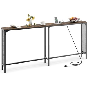 image:imageGiantex Console Table with Charging Station amp LED Lights 40 Entryway Table with Storage Shelves 3Tier Display Shelf for Small Space Sofa Table for Living Room BlackRustic Brown  Black