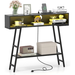 image:imageGiantex Console Table with Charging Station amp LED Lights 40 Entryway Table with Storage Shelves 3Tier Display Shelf for Small Space Sofa Table for Living Room BlackBlack