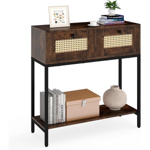 image:imageGiantex Rattan Console Table 32 Boho Entryway Table with 2 Drawers Metal Frame Narrow Long Sofa Tables with Open Storage Shelf for Living Room Hallway Foyer Entrance BlackRustic Brown