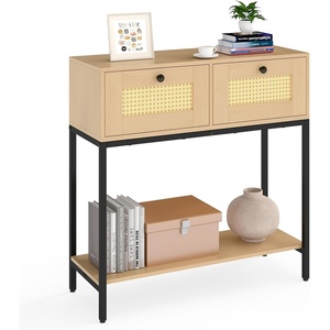 image:imageGiantex Rattan Console Table 32 Boho Entryway Table with 2 Drawers Metal Frame Narrow Long Sofa Tables with Open Storage Shelf for Living Room Hallway Foyer Entrance BlackNatural