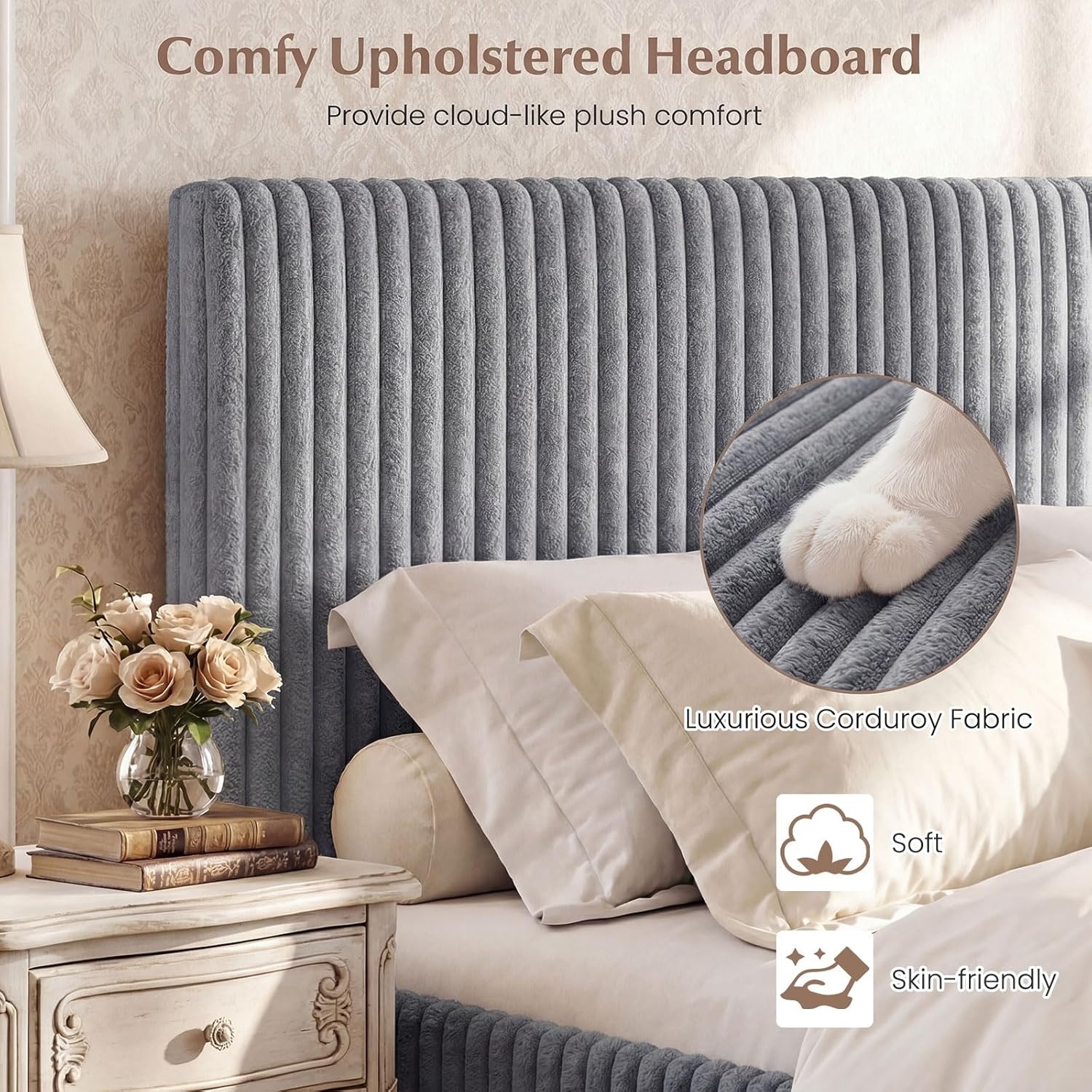 image:imageGiantex Queen Size Lift Up Storage Bed Modern Corduroy Upholstered Platform wWingback Headboard Hydraulic Support Queen Bed Frame with Storage No Box Spring Needed BeigeGrey