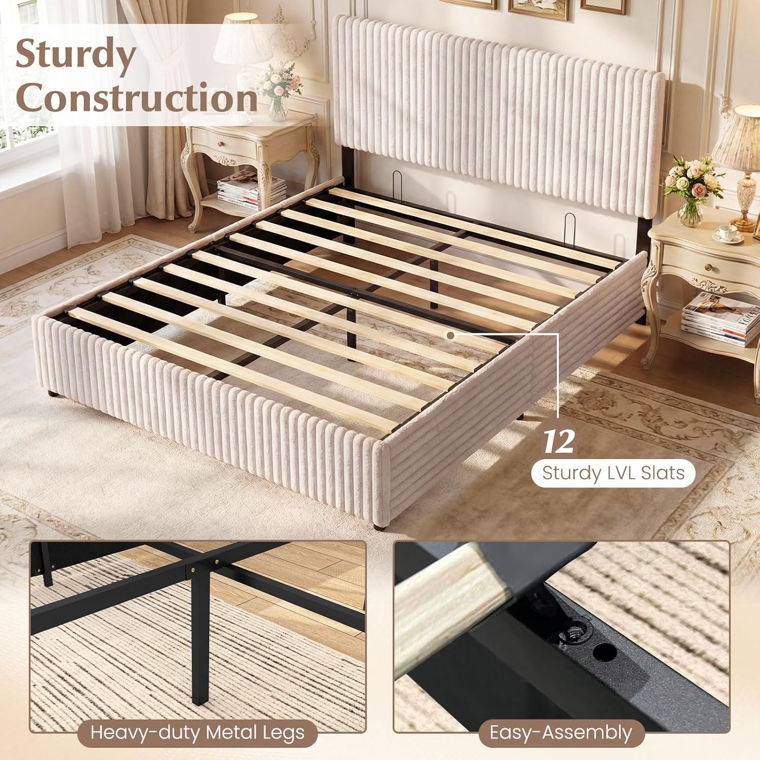 image:imageGiantex Queen Size Lift Up Storage Bed Modern Corduroy Upholstered Platform wWingback Headboard Hydraulic Support Queen Bed Frame with Storage No Box Spring Needed BeigeBeige