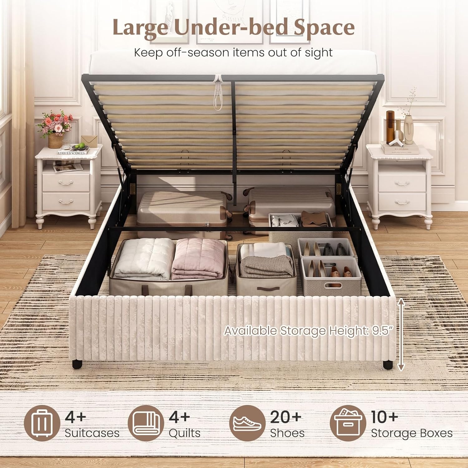 image:imageGiantex Queen Size Lift Up Storage Bed Modern Corduroy Upholstered Platform wWingback Headboard Hydraulic Support Queen Bed Frame with Storage No Box Spring Needed BeigeBeige