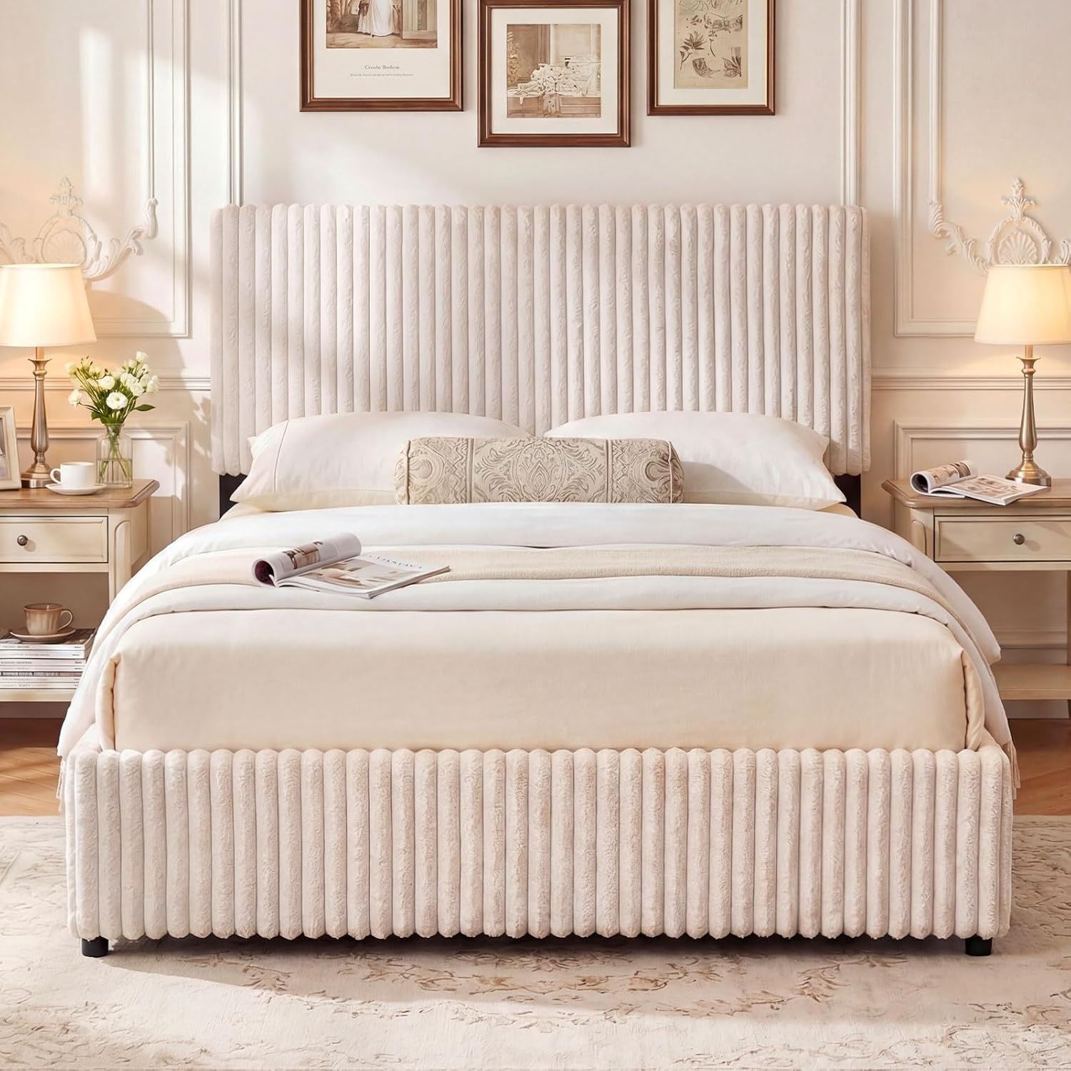 image:imageGiantex Queen Size Lift Up Storage Bed Modern Corduroy Upholstered Platform wWingback Headboard Hydraulic Support Queen Bed Frame with Storage No Box Spring Needed BeigeBeige