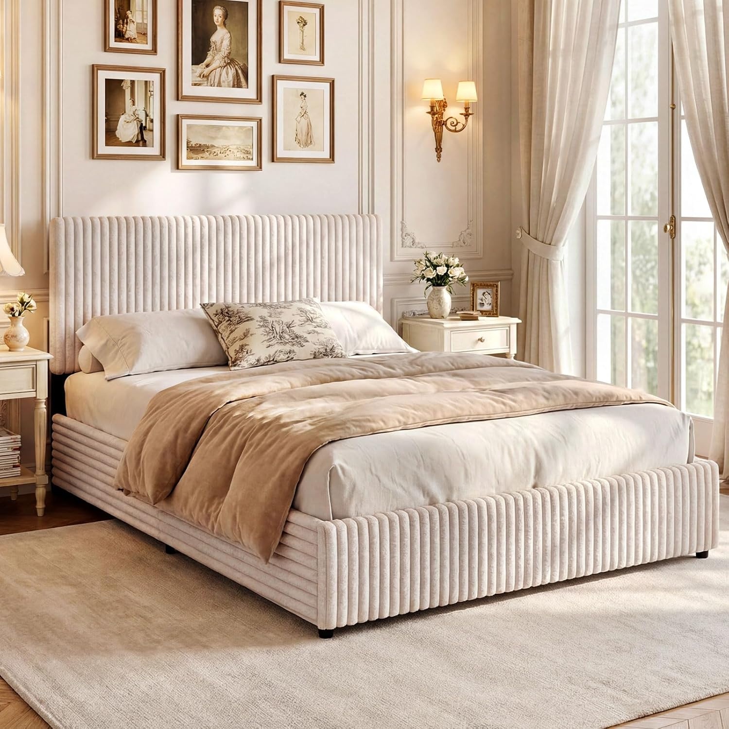 image:imageGiantex Queen Size Lift Up Storage Bed Modern Corduroy Upholstered Platform wWingback Headboard Hydraulic Support Queen Bed Frame with Storage No Box Spring Needed BeigeBeige