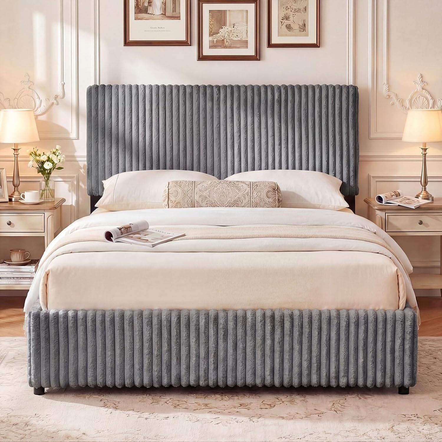 image:imageGiantex Queen Size Lift Up Storage Bed Modern Corduroy Upholstered Platform wWingback Headboard Hydraulic Support Queen Bed Frame with Storage No Box Spring Needed BeigeGrey