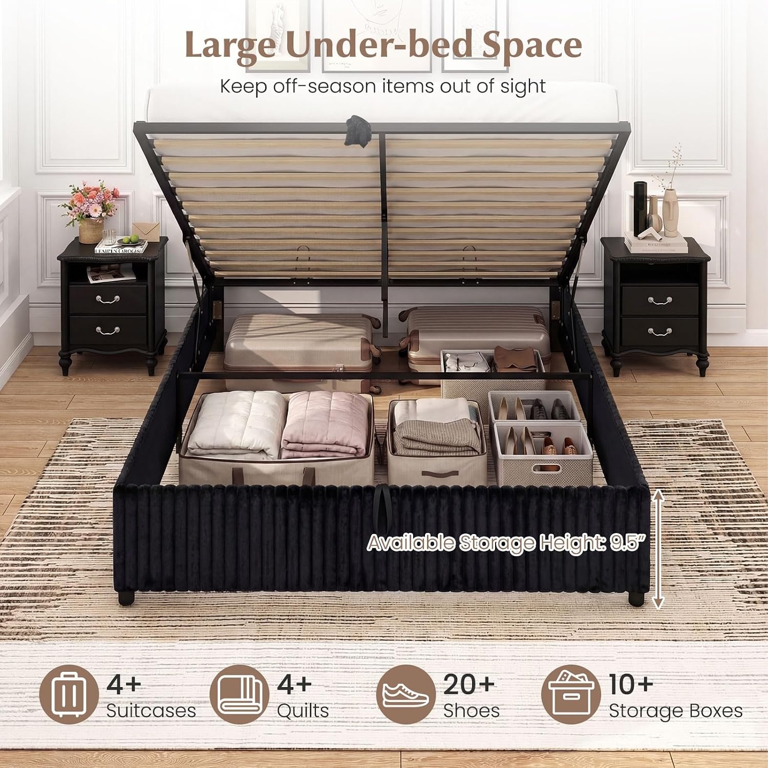 image:imageGiantex Queen Size Lift Up Storage Bed Modern Corduroy Upholstered Platform wWingback Headboard Hydraulic Support Queen Bed Frame with Storage No Box Spring Needed BeigeBlack
