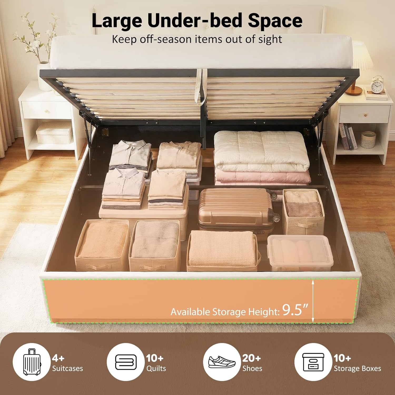 image:imageGiantex Queen Size Lift Up Storage Bed Modern Corduroy Upholstered Platform wWingback Headboard Hydraulic Support Queen Bed Frame with Storage No Box Spring Needed BeigeBeige