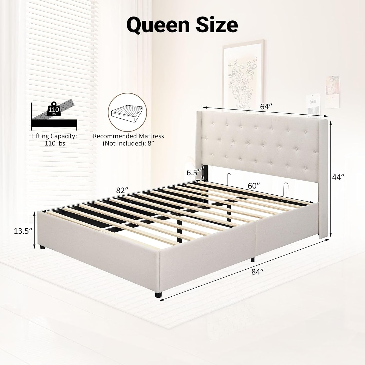 image:imageGiantex Queen Size Lift Up Storage Bed Modern Corduroy Upholstered Platform wWingback Headboard Hydraulic Support Queen Bed Frame with Storage No Box Spring Needed BeigeBeige