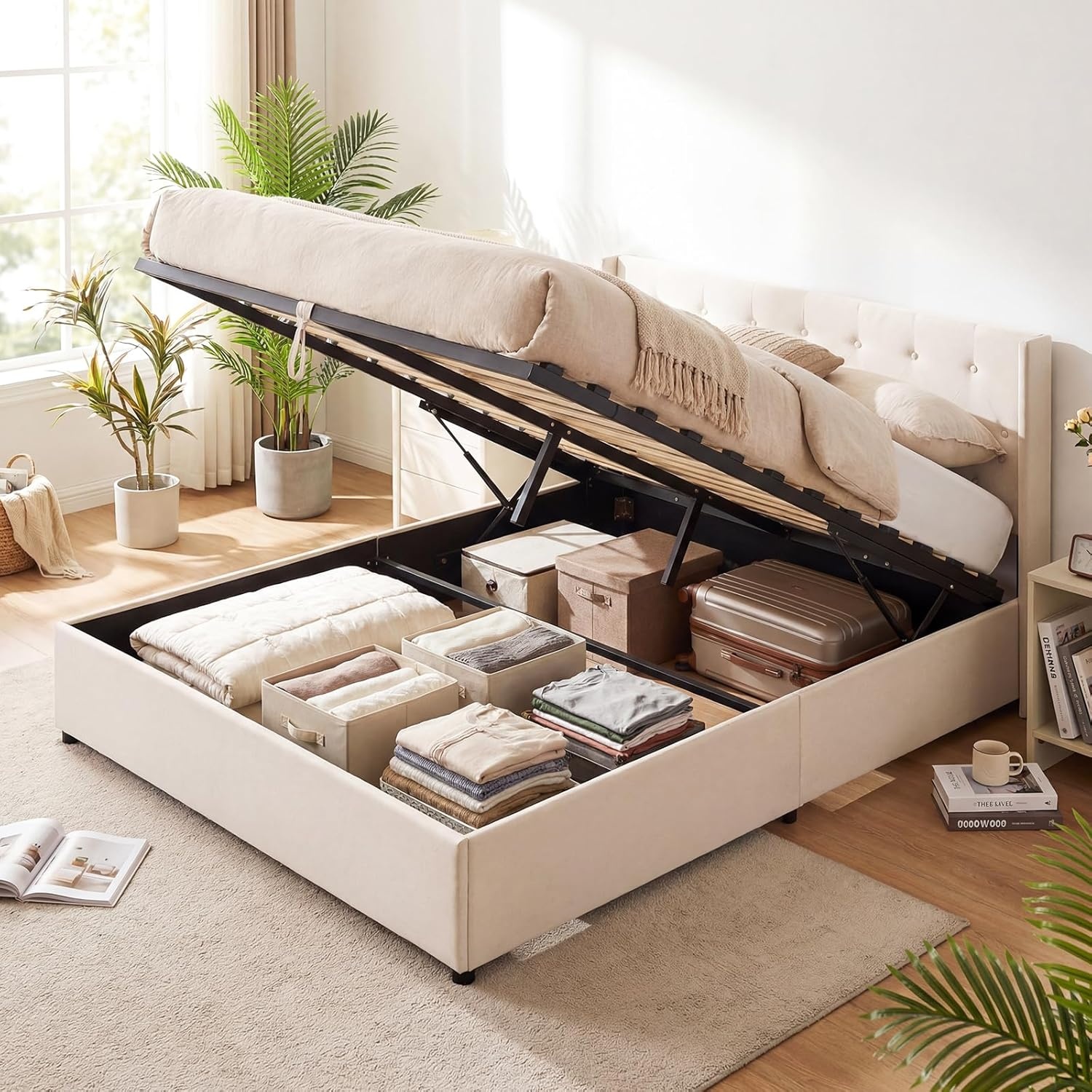 image:imageGiantex Queen Size Lift Up Storage Bed Modern Corduroy Upholstered Platform wWingback Headboard Hydraulic Support Queen Bed Frame with Storage No Box Spring Needed BeigeBeige