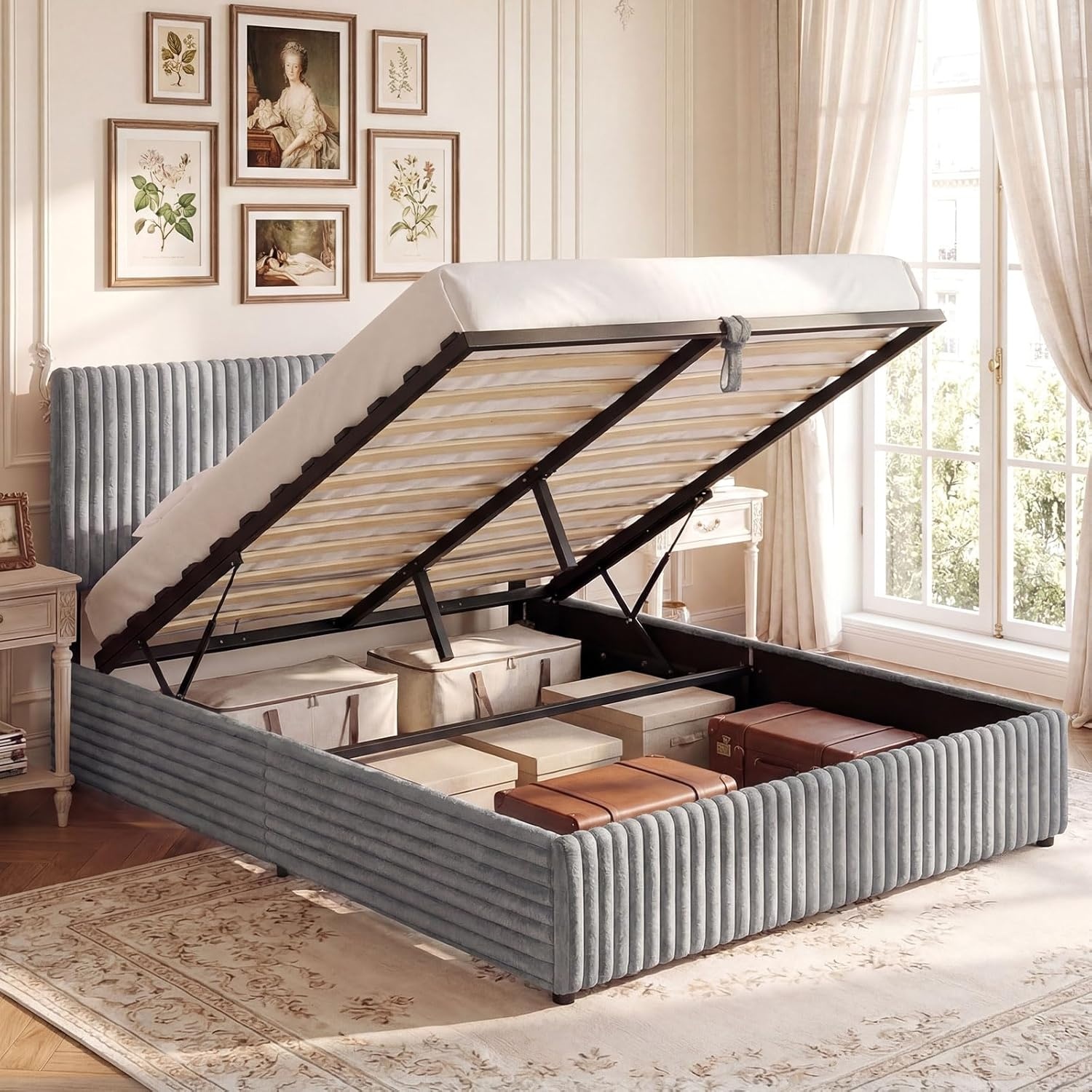 image:imageGiantex Queen Size Lift Up Storage Bed Modern Corduroy Upholstered Platform wWingback Headboard Hydraulic Support Queen Bed Frame with Storage No Box Spring Needed BeigeGrey
