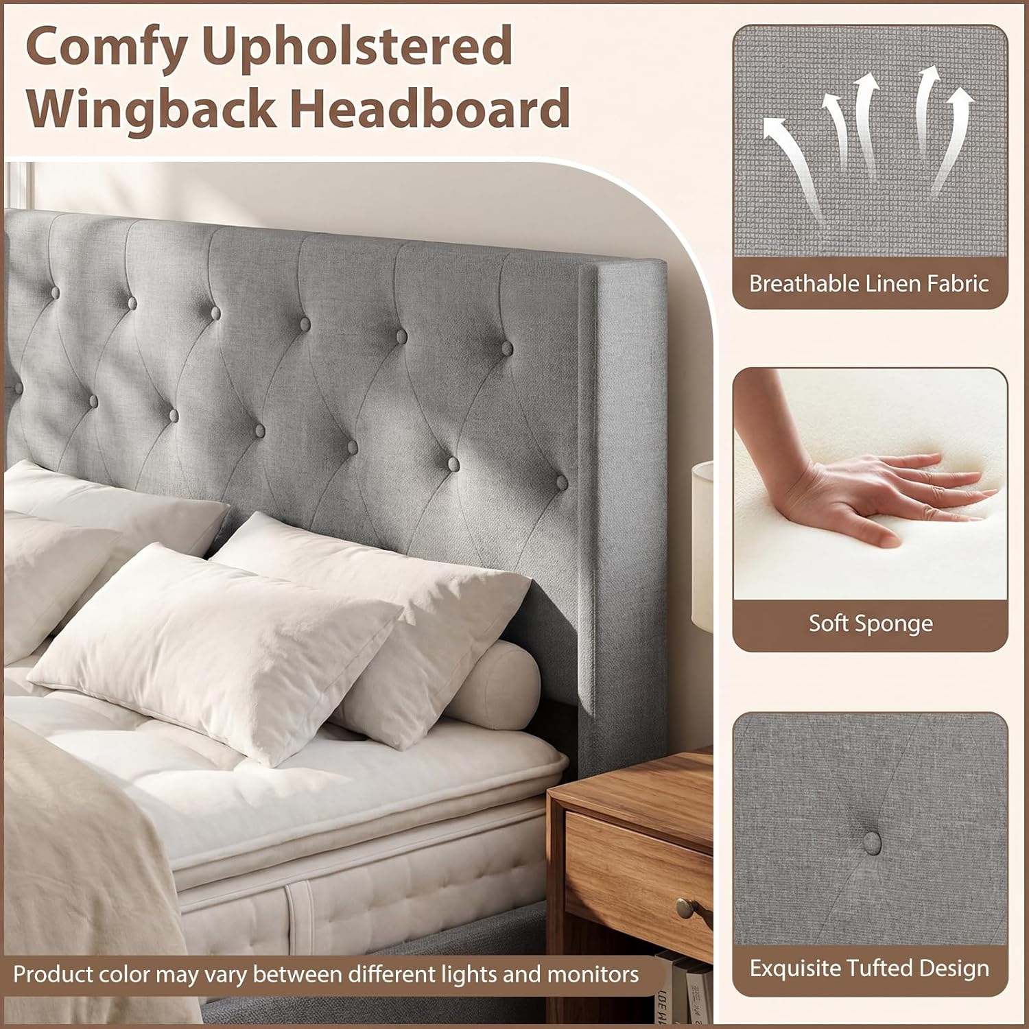 image:imageGiantex Queen Size Lift Up Storage Bed Modern Corduroy Upholstered Platform wWingback Headboard Hydraulic Support Queen Bed Frame with Storage No Box Spring Needed BeigeGrey