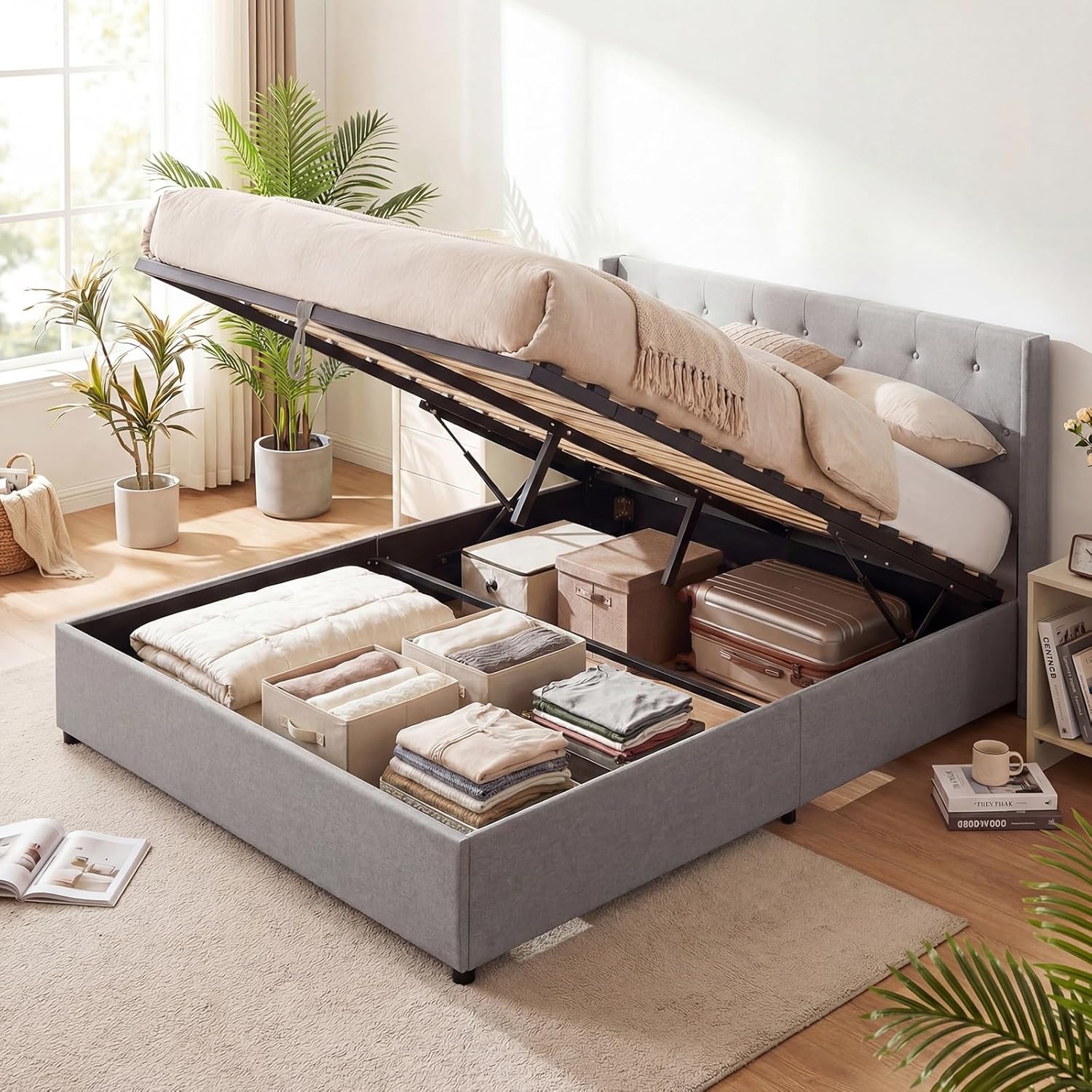 image:imageGiantex Queen Size Lift Up Storage Bed Modern Corduroy Upholstered Platform wWingback Headboard Hydraulic Support Queen Bed Frame with Storage No Box Spring Needed BeigeGrey