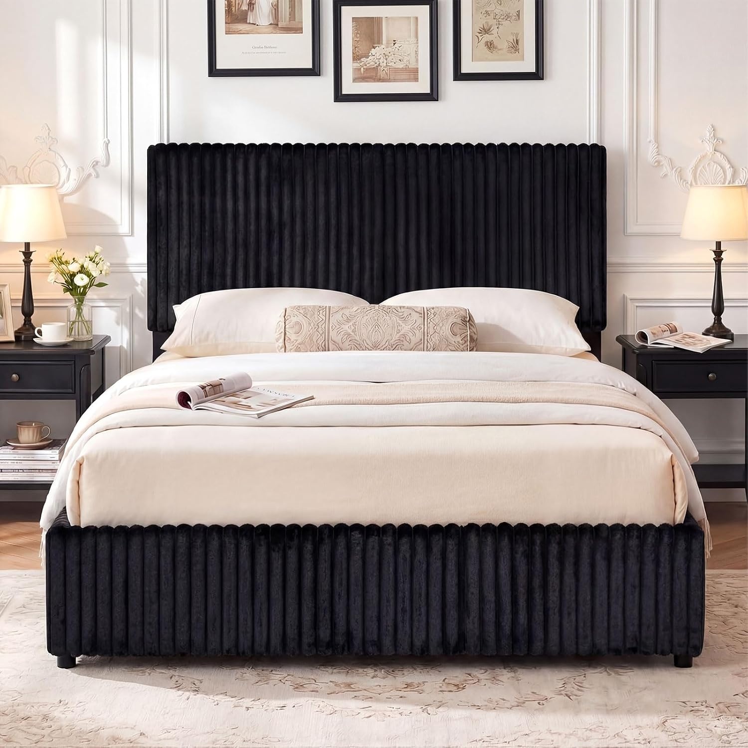 image:imageGiantex Queen Size Lift Up Storage Bed Modern Corduroy Upholstered Platform wWingback Headboard Hydraulic Support Queen Bed Frame with Storage No Box Spring Needed BeigeBlack