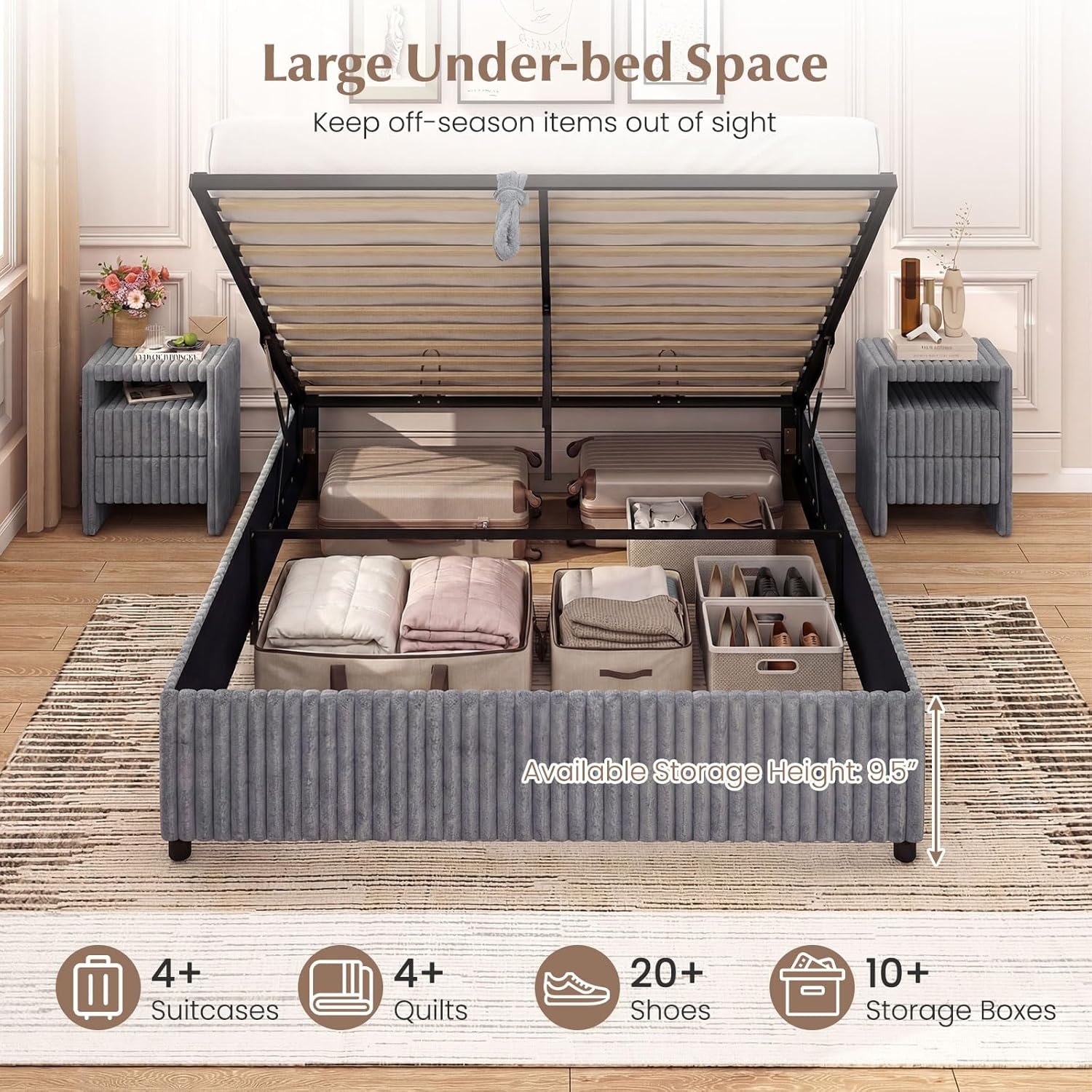 image:imageGiantex Queen Size Lift Up Storage Bed Modern Corduroy Upholstered Platform wWingback Headboard Hydraulic Support Queen Bed Frame with Storage No Box Spring Needed BeigeGrey