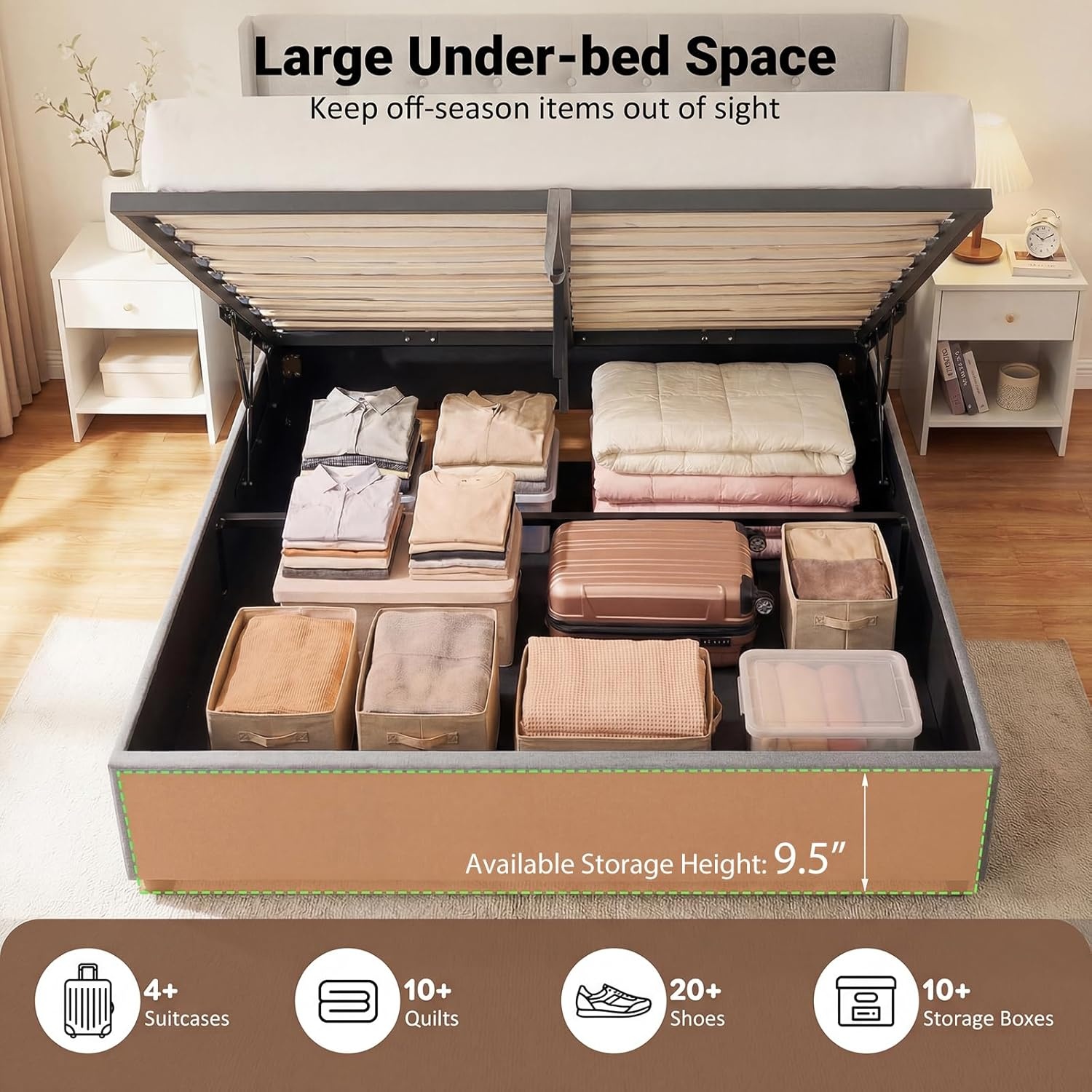 image:imageGiantex Queen Size Lift Up Storage Bed Modern Corduroy Upholstered Platform wWingback Headboard Hydraulic Support Queen Bed Frame with Storage No Box Spring Needed BeigeGrey