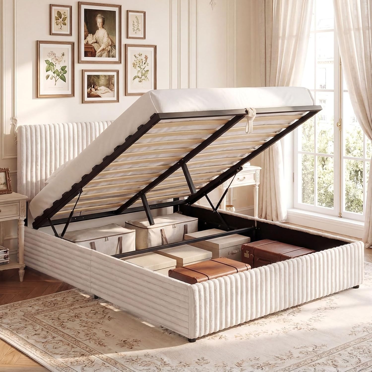 image:imageGiantex Queen Size Lift Up Storage Bed Modern Corduroy Upholstered Platform wWingback Headboard Hydraulic Support Queen Bed Frame with Storage No Box Spring Needed BeigeBeige